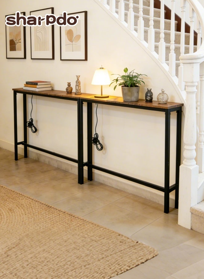 Sharpdo 200CM Narrow Console Table with 2 Outlet, Narrow Table, Sofa Tables, House Entrance Table with Charging Station, for Living Room, Bedroom, Rustic Brown - Image 2